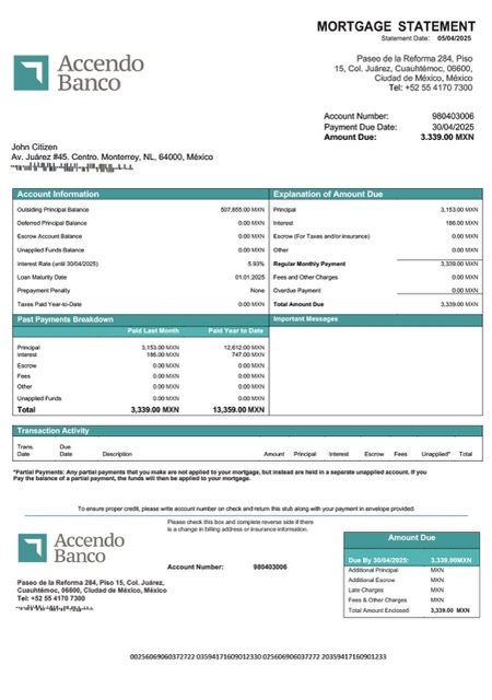 Download Mexico Accendo Banco mortgage statement Word and PDF template Photoshop template